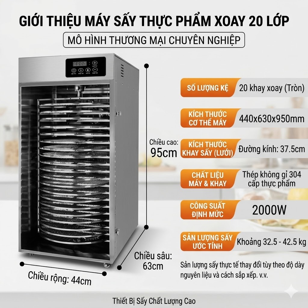 Máy sấy 20 khay tròn đường kính 37cm - Hàng chính hãng 100% - Bảo hành 1 năm