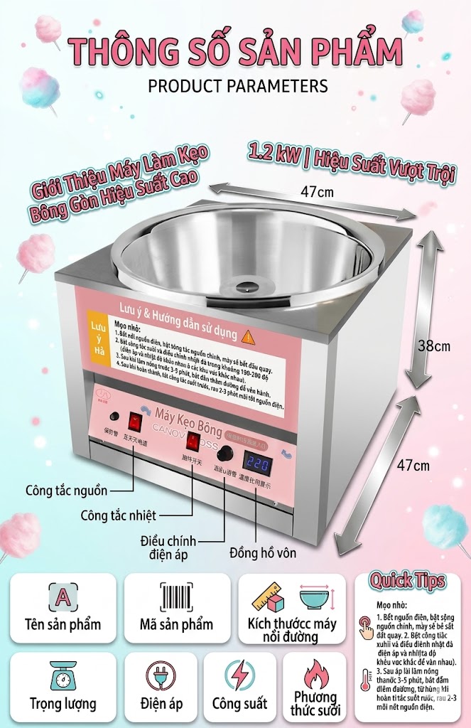 Máy làm kẹo bông gòn điện .Công suất 1200w