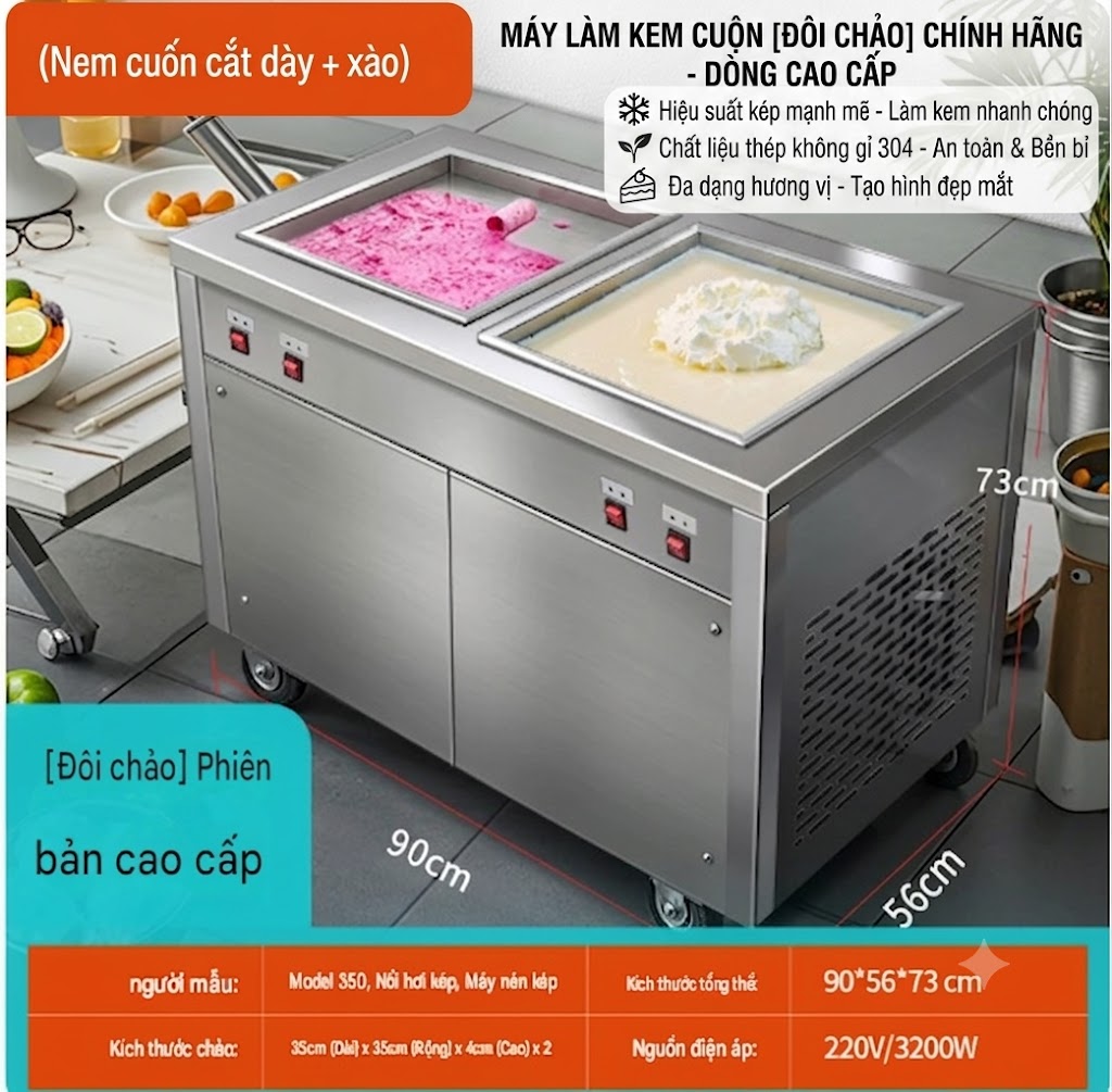 Máy Làm Kem Cuộn Chảo Vuông Đôi , Làm Kem Siêu Tốc, Bền Bỉ Tiết Kiệm
