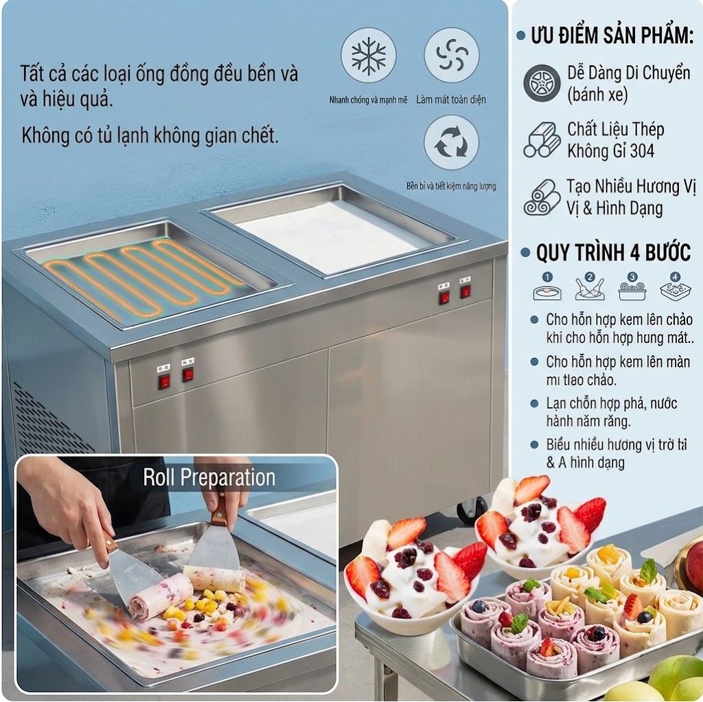 Máy Làm Kem Cuộn Chảo Vuông Đôi , Làm Kem Siêu Tốc, Bền Bỉ Tiết Kiệm - Ảnh 4