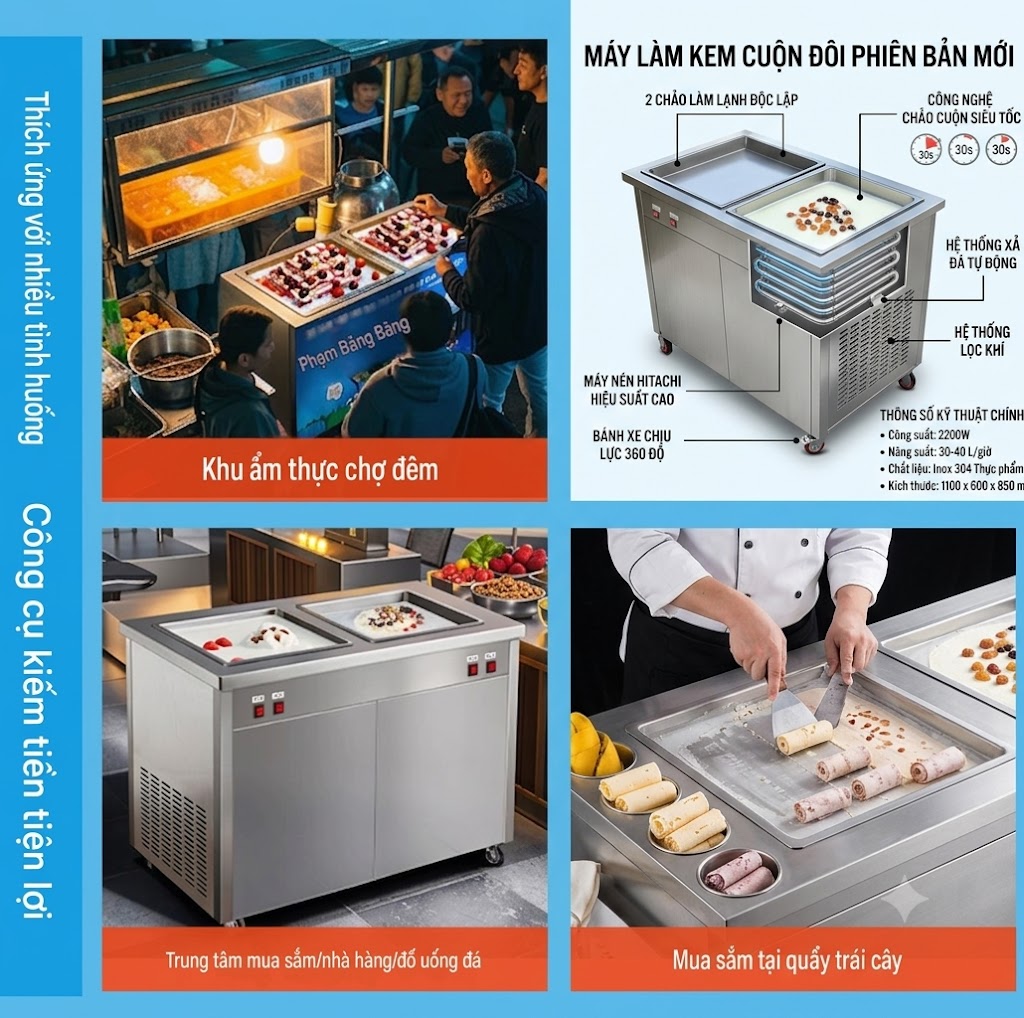 Máy Làm Kem Cuộn Chảo Vuông Đôi , Làm Kem Siêu Tốc, Bền Bỉ Tiết Kiệm - Ảnh 5