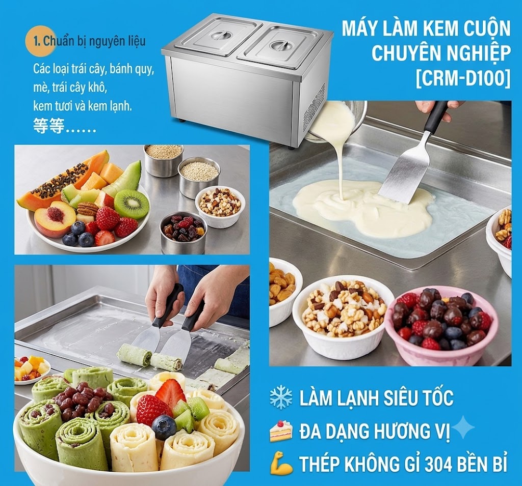 Máy Làm Kem Cuộn Chảo Vuông Đơn Model 350 - Công Suất 1600W, Kích Thước 56x56x73cm, Làm Kem Siêu Tốc, Bền Bỉ Tiết Kiệm - Ảnh 3