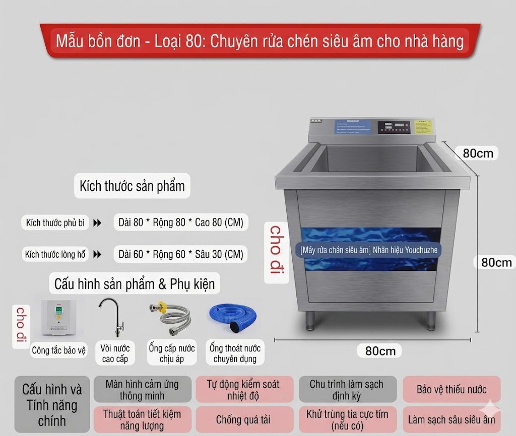máy rửa chén bằng sóng siêu âm 0.8m
