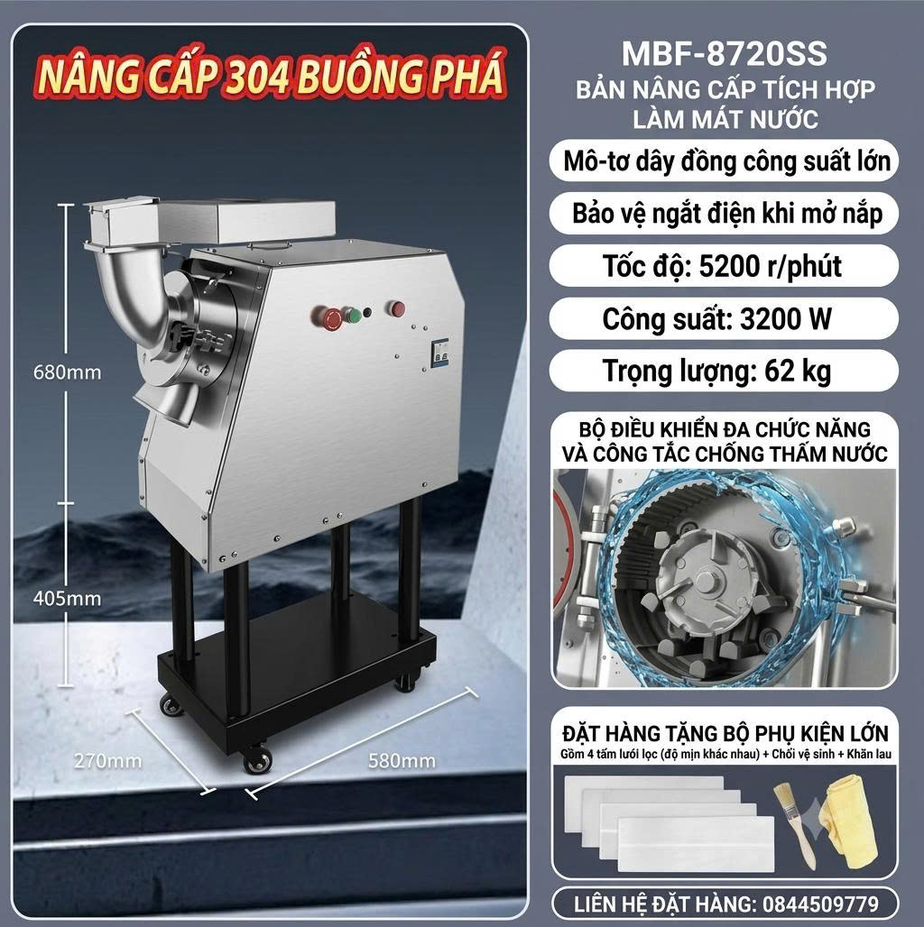 Máy Nghiền Dược Liệu MBF-8720SS/8740S - Công Suất 3200W, Làm Mát Bằng Nước, Khô/Mịn Siêu Tốc Inox 304